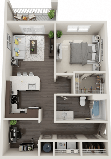 A top-down view of a small apartment with a living room, kitchen, and bedroom.